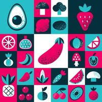 Abstract geometric pattern with various fruits and vegetables in Bauhaus style. Retro grid background. Vintage multicolor mosaic tile with geometric shapes. Texture for textile, web, menu, restaurant vector