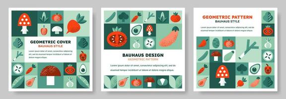 Set of isolated Abstract geometric pattern background in Bauhaus style with various vegetables. Colorful vector design template for cover, poster, brochure, banner, menu. Retro illustration.