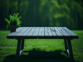 Wooden table and blur tropical green grass background, product display montage. High quality photo 8k FHD AI generated