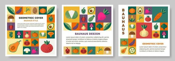 Set of isolated Abstract geometric pattern background in Bauhaus style with various vegetables. Colorful vector design template for cover, poster, brochure, banner, menu. Retro illustration.