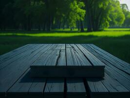 Wooden table and blur tropical green grass background, product display montage. High quality photo 8k FHD AI generated