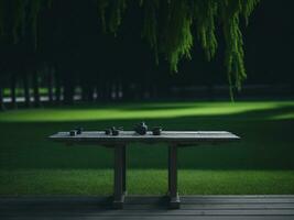 Wooden table and blur tropical green grass background, product display montage. High quality photo 8k FHD AI generated