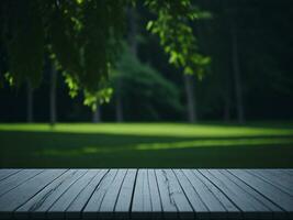 Wooden table and blur tropical green grass background, product display montage. High quality photo 8k FHD AI generated