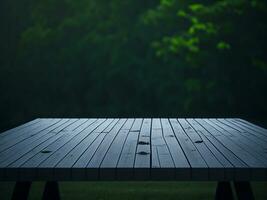 Wooden table and blur tropical green grass background, product display montage. High quality photo 8k FHD AI generated