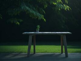 Wooden table and blur tropical green grass background, product display montage. High quality photo 8k FHD AI generated