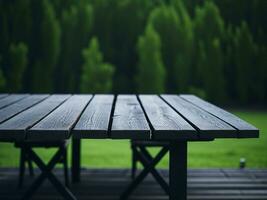 Wooden table and blur tropical green grass background, product display montage. High quality photo 8k FHD AI generated