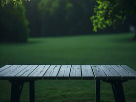 Wooden table and blur tropical green grass background, product display montage. High quality photo 8k FHD AI generated