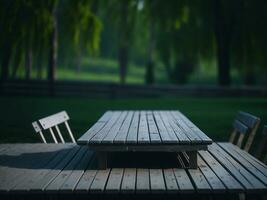 Wooden table and blur tropical green grass background, product display montage. High quality photo 8k FHD AI generated