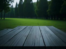 Wooden table and blur tropical green grass background, product display montage. High quality photo 8k FHD AI generated