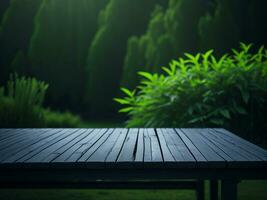 Wooden table and blur tropical green grass background, product display montage. High quality photo 8k FHD AI generated