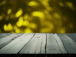 Wooden table and blur tropical green grass background, product display montage. High quality photo 8k FHD AI generated