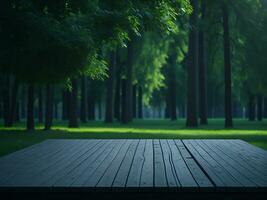 Wooden table and blur tropical green grass background, product display montage. High quality photo 8k FHD AI generated