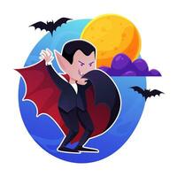 contento Víspera de Todos los Santos. vampiro vistiendo negro y rojo capa en contra el fondo de el lleno Luna. linda personaje. vistoso vector en dibujos animados estilo.