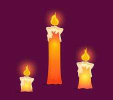 Isolated wax candles set on dark background. Colorful vector in cartoon style.