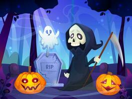 Spooky Halloween at graveyard in forest. Cute ghost floating above pumpkins, grave, death character. Spooky night in haunted graveyard. Colorful vector in cartoon style.