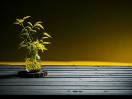 Wooden table and blur tropical green grass background, product display montage. High quality photo 8k FHD AI generated