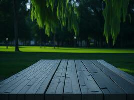 Wooden table and blur tropical green grass background, product display montage. High quality photo 8k FHD AI generated