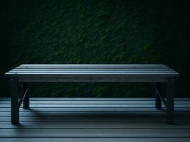 Wooden table and blur tropical green grass background, product display montage. High quality photo 8k FHD AI generated