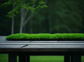 Wooden table and blur tropical green grass background, product display montage. High quality photo 8k FHD AI generated