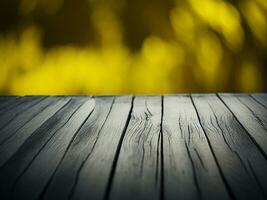 Wooden table and blur tropical green grass background, product display montage. High quality photo 8k FHD AI generated