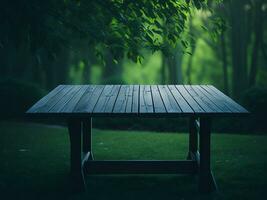 Wooden table and blur tropical green grass background, product display montage. High quality photo 8k FHD AI generated