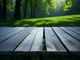 Wooden table and blur tropical green grass background, product display montage. High quality photo 8k FHD AI generated