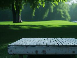 Wooden table and blur tropical green grass background, product display montage. High quality photo 8k FHD AI generated