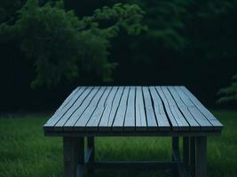 Wooden table and blur tropical green grass background, product display montage. High quality photo 8k FHD AI generated