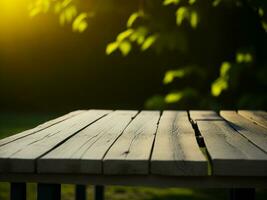 Wooden table and blur tropical green grass background, product display montage. High quality photo 8k FHD AI generated