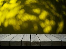 Wooden table and blur tropical green grass background, product display montage. High quality photo 8k FHD AI generated