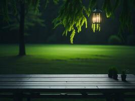 Wooden table and blur tropical green grass background, product display montage. High quality photo 8k FHD AI generated