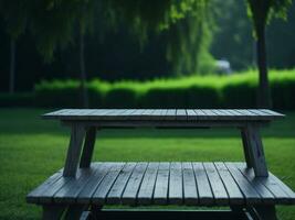 Wooden table and blur tropical green grass background, product display montage. High quality photo 8k FHD AI generated