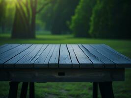 Wooden table and blur tropical green grass background, product display montage. High quality photo 8k FHD AI generated