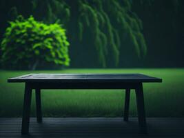 Wooden table and blur tropical green grass background, product display montage. High quality photo 8k FHD AI generated