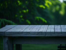 Wooden table and blur tropical green grass background, product display montage. High quality photo 8k FHD AI generated