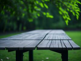 Wooden table and blur tropical green grass background, product display montage. High quality photo 8k FHD AI generated