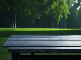 Wooden table and blur tropical green grass background, product display montage. High quality photo 8k FHD AI generated