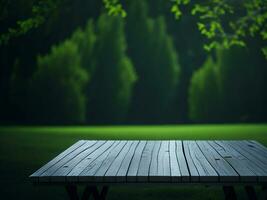 Wooden table and blur tropical green grass background, product display montage. High quality photo 8k FHD AI generated