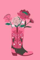 Card with flowers in a cowboy boot. Vector graphics.