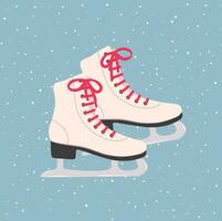 apagado blanco hielo patinador con rojo cordones ilustración plano vector en que cae nieve antecedentes. invierno actividades. dibujos animados estilo. para Navidad y nuevo año concepto. temporada saludo.