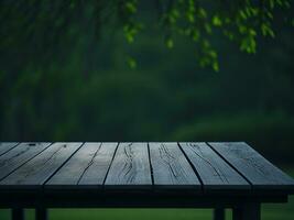 Wooden table and blur tropical green grass background, product display montage. High quality photo 8k FHD AI generated