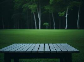 Wooden table and blur tropical green grass background, product display montage. High quality photo 8k FHD AI generated