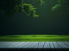 Wooden table and blur tropical green grass background, product display montage. High quality photo 8k FHD AI generated