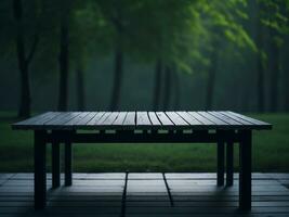 Wooden table and blur tropical green grass background, product display montage. High quality photo 8k FHD AI generated