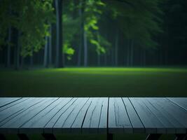 Wooden table and blur tropical green grass background, product display montage. High quality photo 8k FHD AI generated