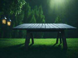 Wooden table and blur tropical green grass background, product display montage. High quality photo 8k FHD AI generated