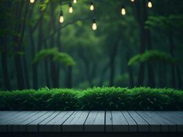 Wooden table and blur tropical green grass background, product display montage. High quality photo 8k FHD AI generated