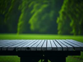 Wooden table and blur tropical green grass background, product display montage. High quality photo 8k FHD AI generated