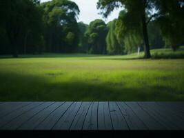 Wooden table and blur tropical green grass background, product display montage. High quality photo 8k FHD AI generated