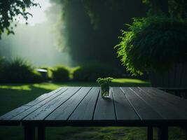 Wooden table and blur tropical green grass background, product display montage. High quality photo 8k FHD AI generated